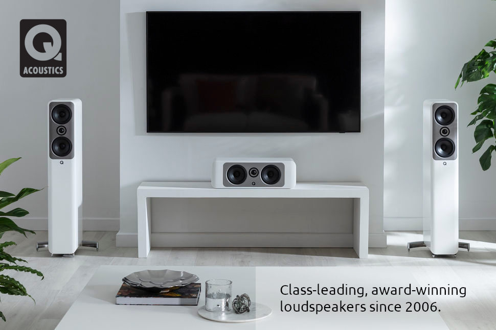 Q Acoustics Concept 50 Floor-Standing Speakers in Gloss White. Q Acoustics logo. Ad overlay copy: Class-leading, award-winning loudspeakers since 2006.