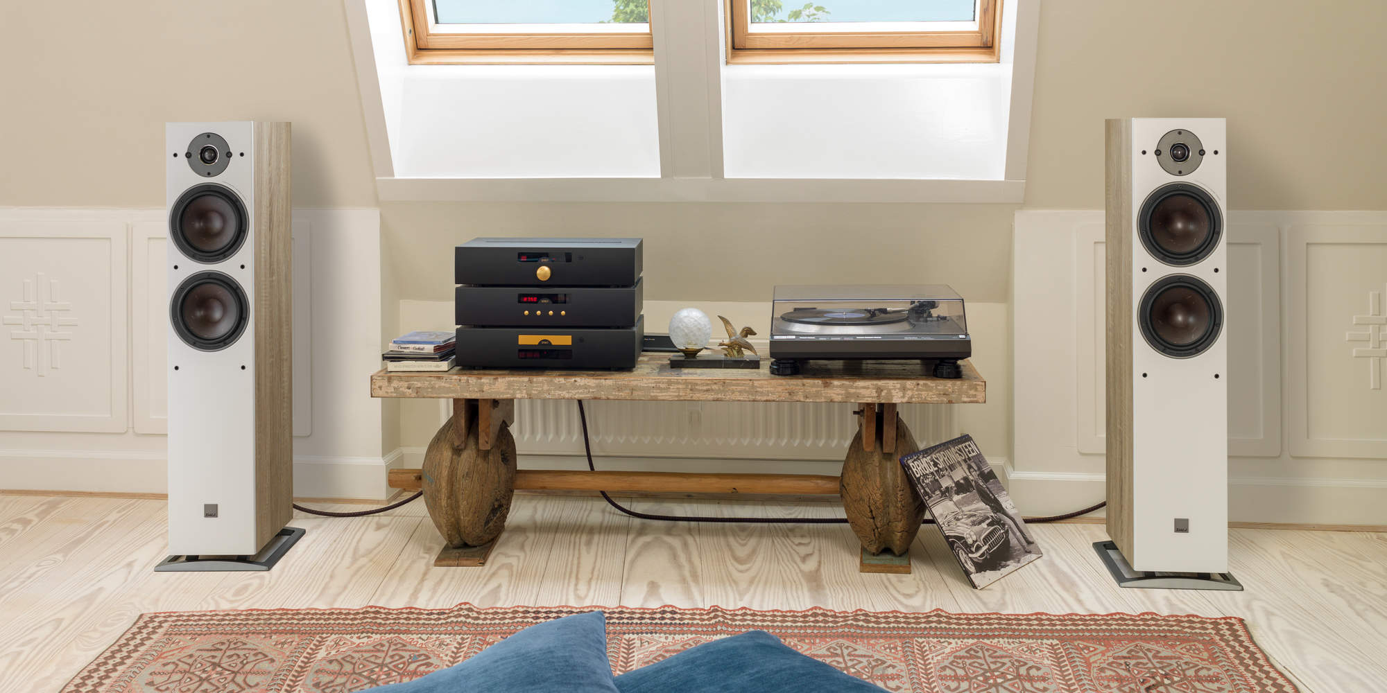 DALI OBERON 7 floor standing speakers in light oak finish.